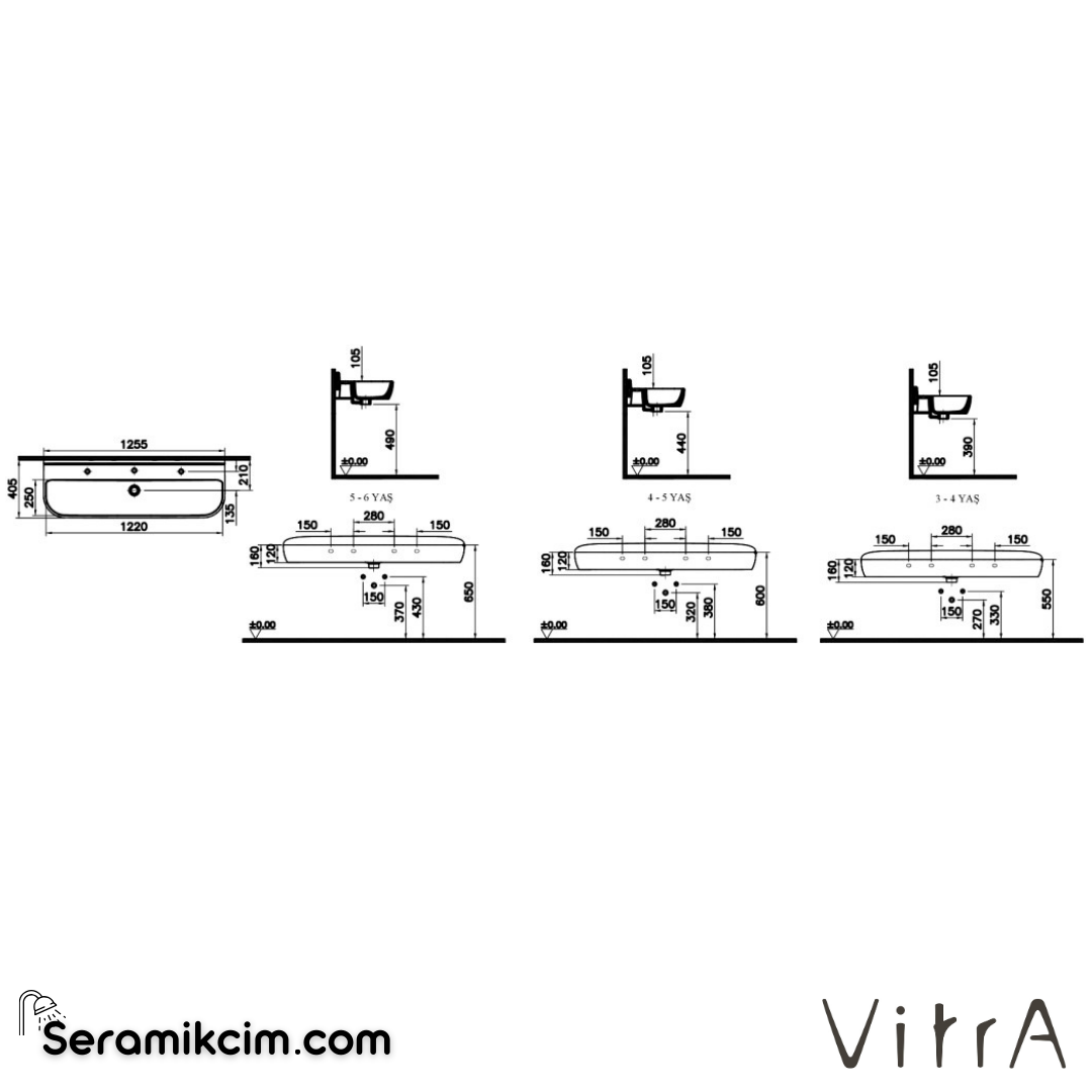 VitrA Sento Kids Lavabo 125x40 cm Üç Armatür Delikli, Su Taşma Deliksiz, Beyaz - 7353B003-1741
