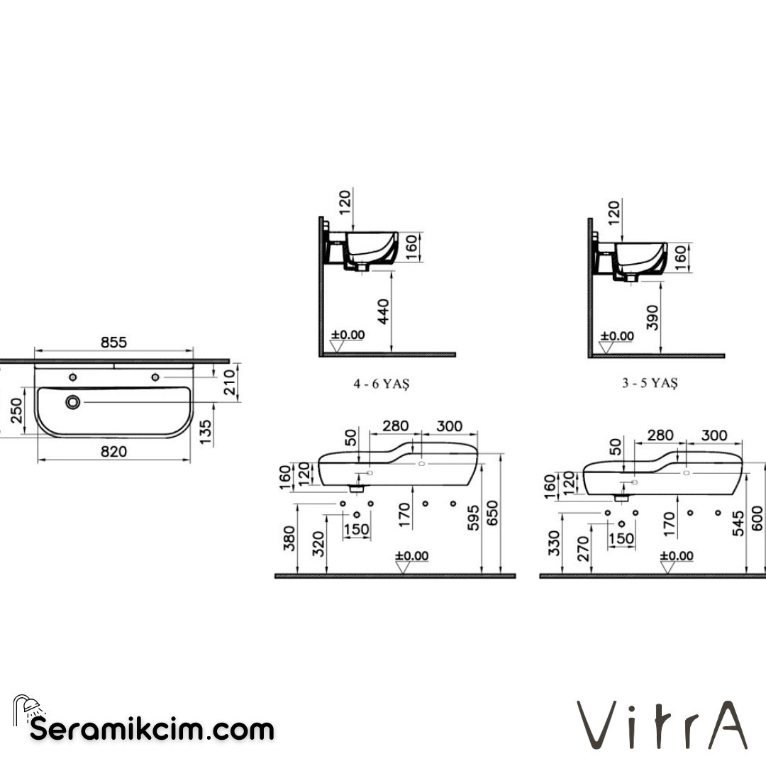 VitrA Sento Kids Lavabo 85x41 cm Çift Armatür Delikli, Su Taşma Deliksiz, Beyaz - 7351B003-1739