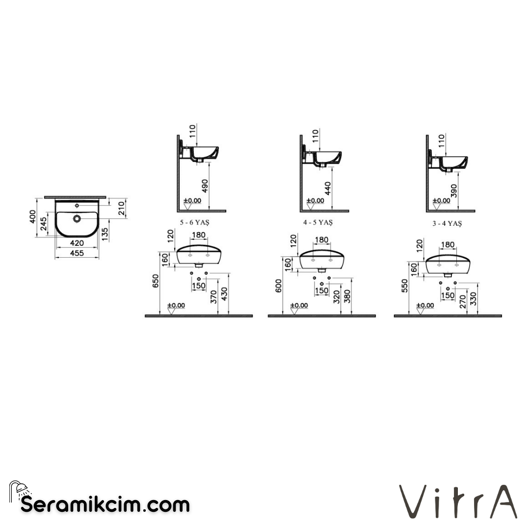 VitrA Sento Kids Lavabo Kompakt, 45x40 cm Tek Armatür Delikli, Su Taşma Deliksiz, Beyaz - 7350B003-0041