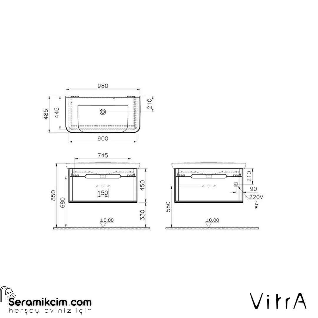 Vitra Sento Lavabo Dolabı, 100 Cm, Tek Çekmeceli, Ayaksız, Mat Fiyord Yeşili