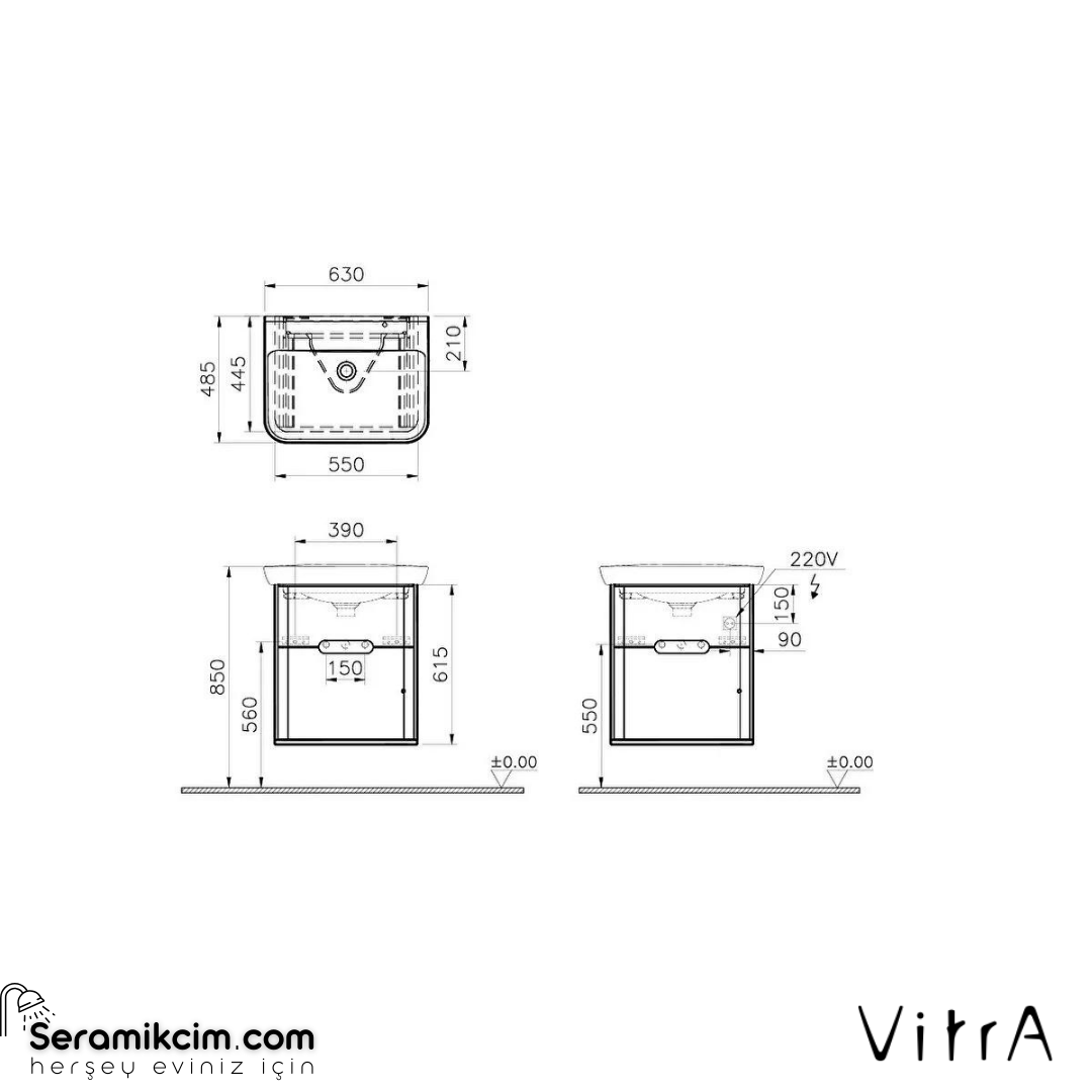 Vitra Sento Lavabo Dolabı, 65 Cm, Çift Çekmeceli, Ayaksız, Mat Beyaz