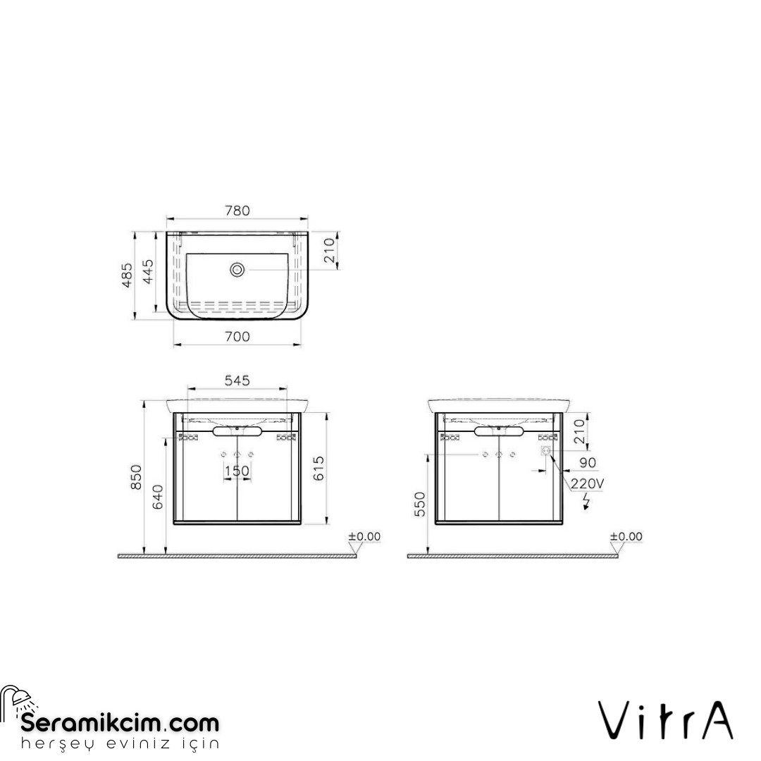 Vitra Sento Lavabo Dolabı, 80 Cm, Kapaklı, Ayaksız, Mat Antrasit
