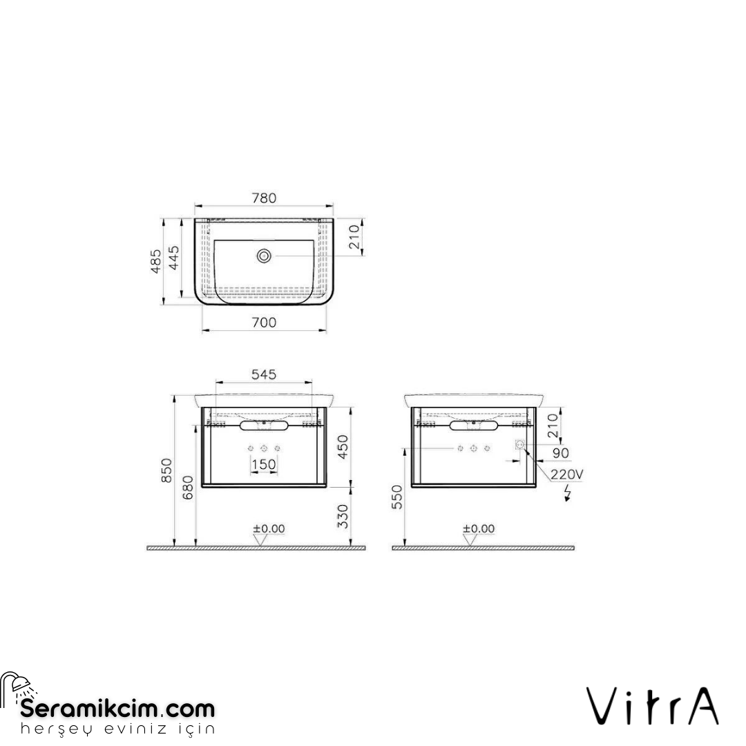 Vitra Sento Lavabo Dolabı, 80 Cm, Tek Çekmeceli, Ayaksız, Mat Antrasit