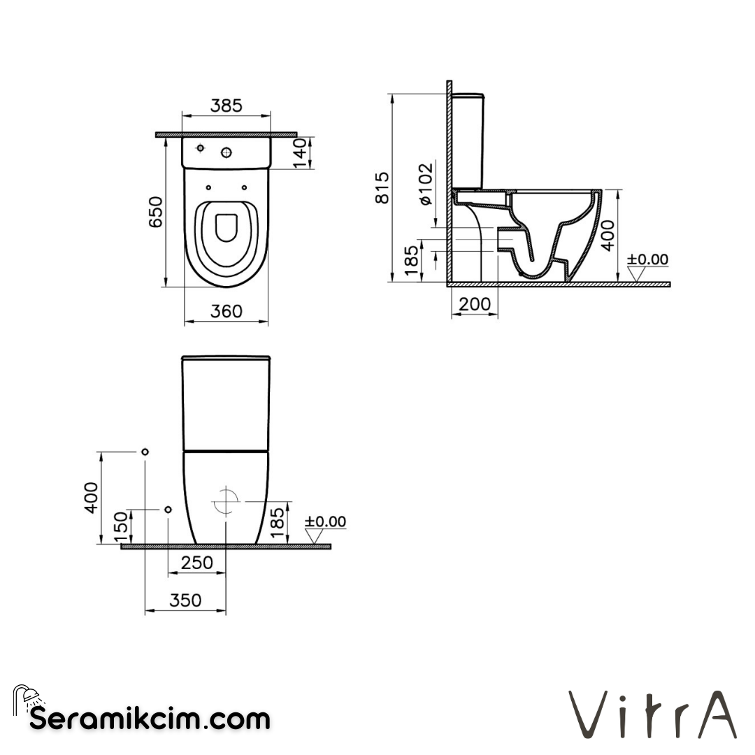 VitrA Sento Takım Klozet Rim-ex, Arkası Açık, 65 cm Taharet Borulu, Beyaz - 5988B003-0088