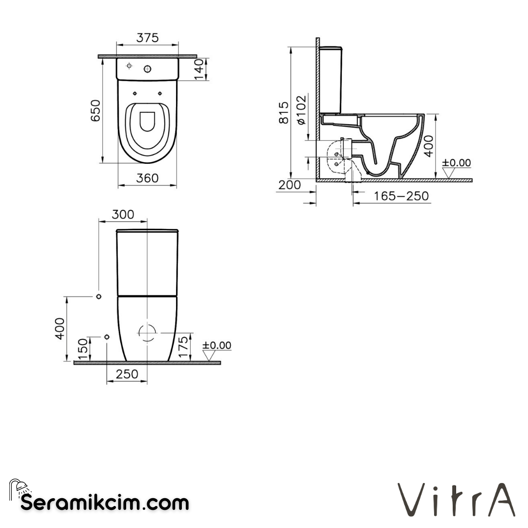 VitrA Sento Takım Klozet Rim-ex, Duvara Tam Dayalı, 65 cm Taharet Borulu, Beyaz - 5987B003-0092