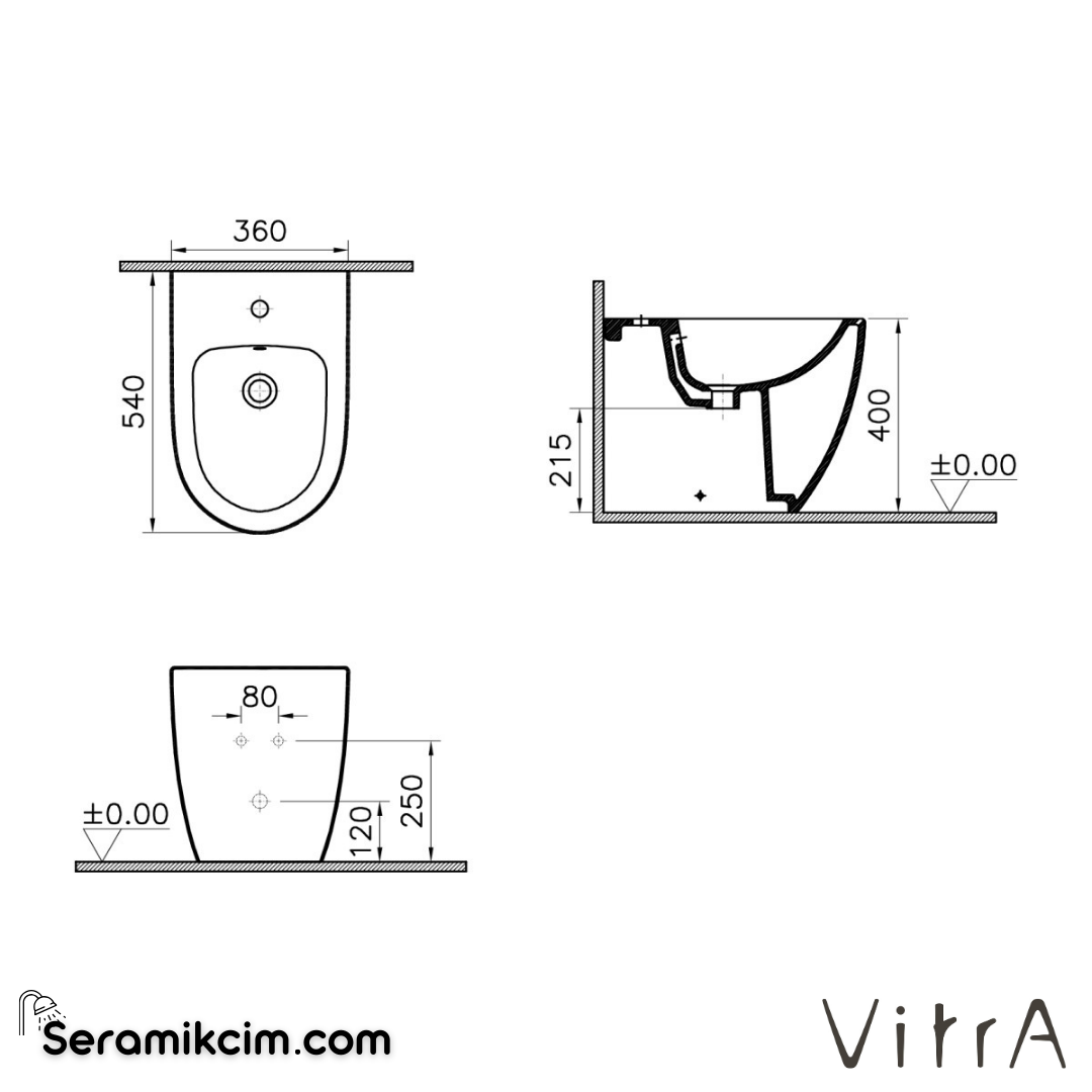 VitrA Sento Yerden Bide Duvara Tam Dayalı, 54 cm Tek Armatür Delikli, Su Taşma Delikli, Yanlardan Deliksiz, Mat Siyah - 5986B083-0288