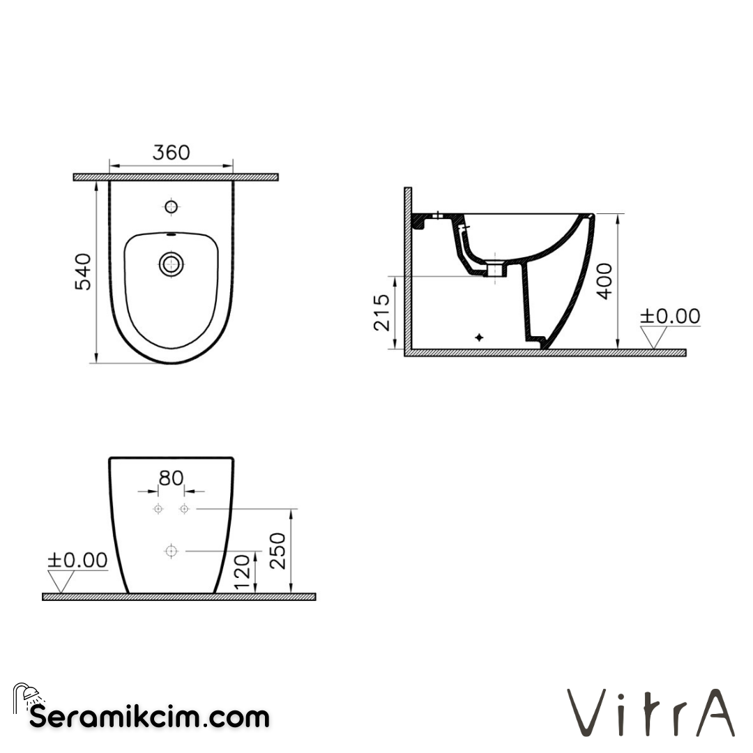 VitrA Sento Yerden Bide Duvara Tam Dayalı, 54 cm Tek Armatür Delikli, Su Taşma Delikli, Yanlardan Deliksiz, Beyaz - 5986B003-0288