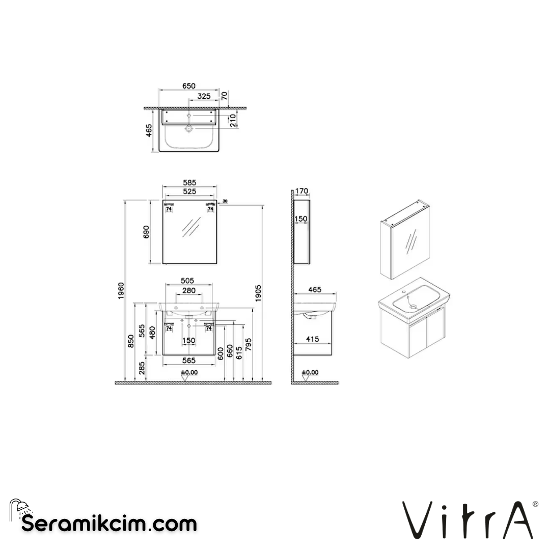 VitrA Step Demonte Banyo Dolabı Seti 65 cm, kapaklı lavabo dolabı, dolaplı ayna, parlak beyaz 67707 - 67707