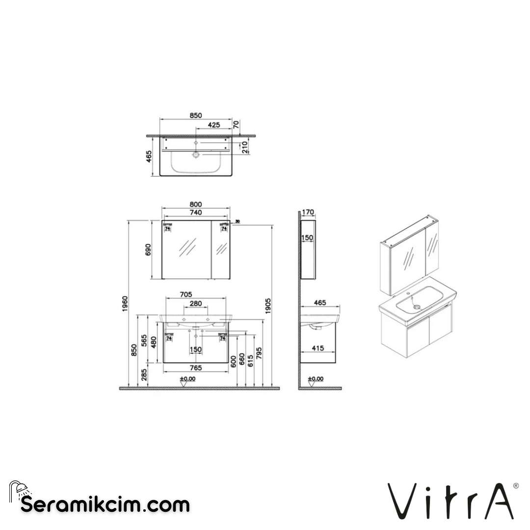 VitrA Step Demonte Banyo Dolabı Seti 85 cm, kapaklı lavabo dolabı, dolaplı ayna, parlak beyaz 67708 - 67708