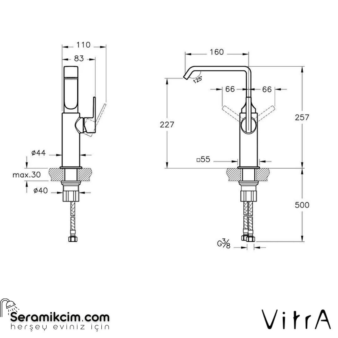 Vitra Suit Lavabo Bataryası Yandan Yüksek, Parlak Siyah