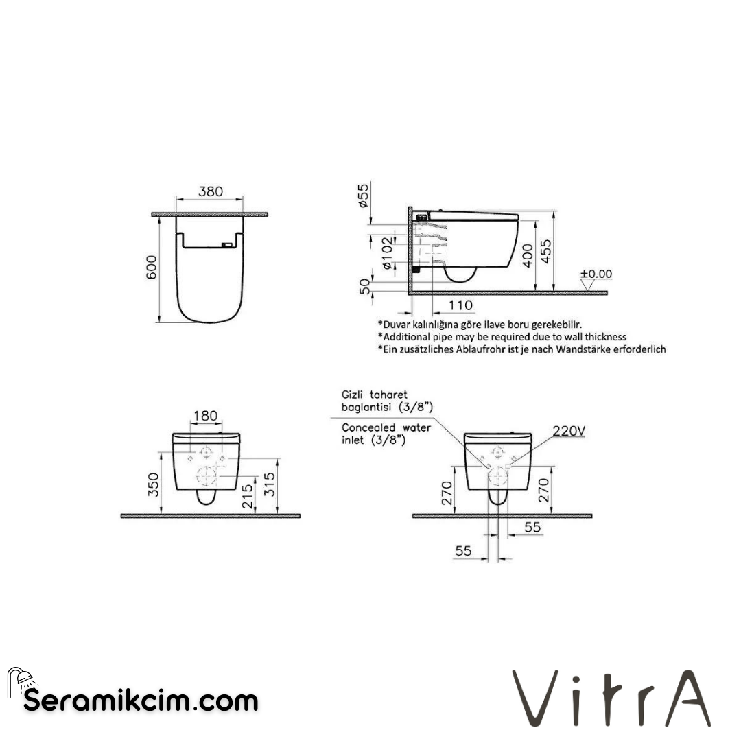 VitrA V-Care Basic Akıllı Asma Klozet Rim-ex, 60 cm Temassız, Taharet Borulu, Taharet Borusu Girişi Sıva Altı Uygulamalı, Clean, Beyaz - 5674B403-6193