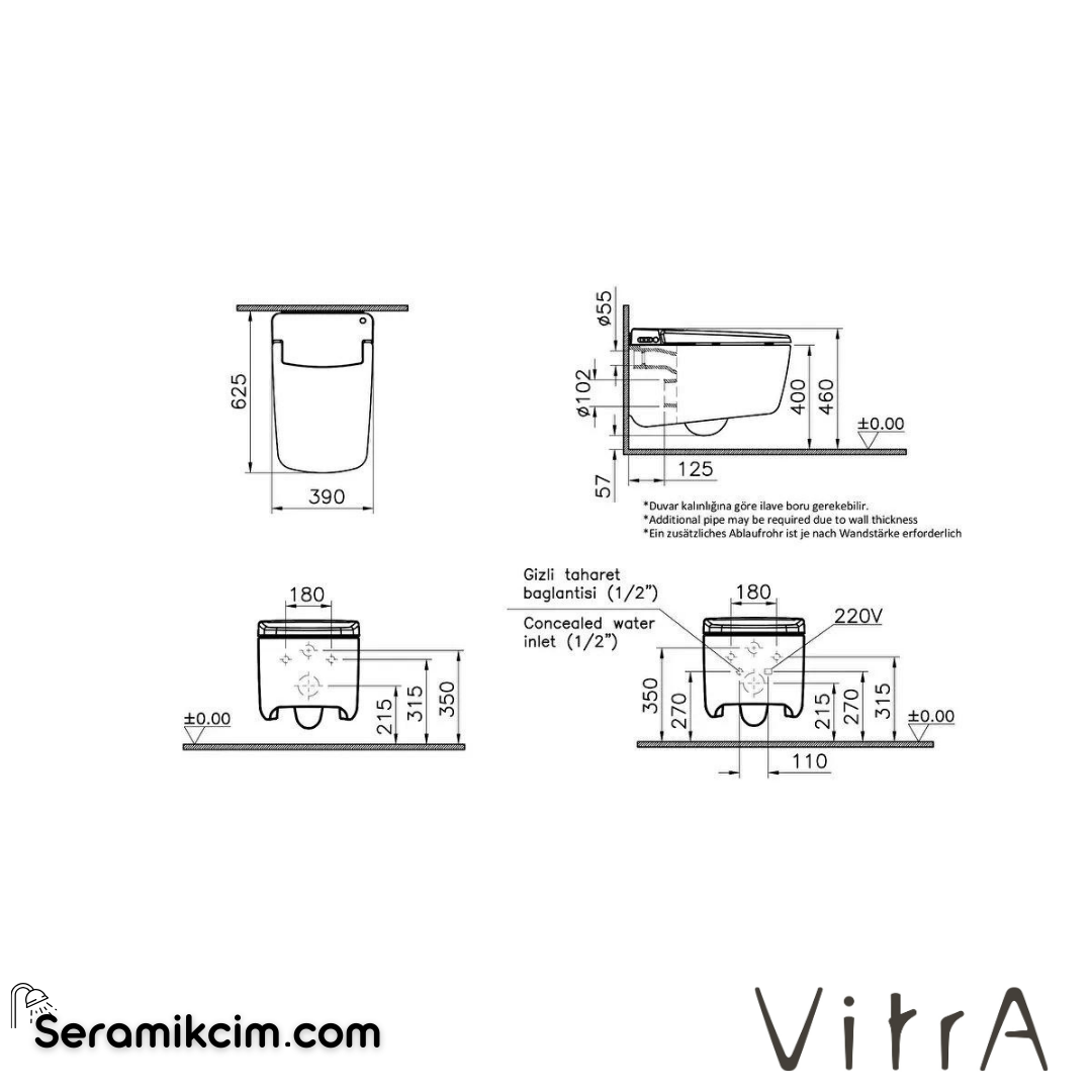 VitrA V-Care Prime Akıllı Asma Klozet Rim-ex, 63 cm Temassız, Taharet Borulu, Taharet Borusu Girişi Sıva Altı Uygulamalı, Clean, Beyaz - 7231B403-6216