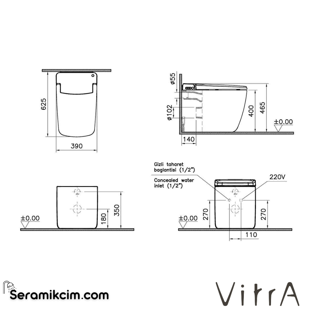 VitrA V-Care Prime Akıllı Yerden Klozet Rim-ex, 62 cm Temassız, Taharet Borulu, Taharet Borusu Girişi Sıva Altı Uygulamalı, Clean, Beyaz - 7232B403-6217