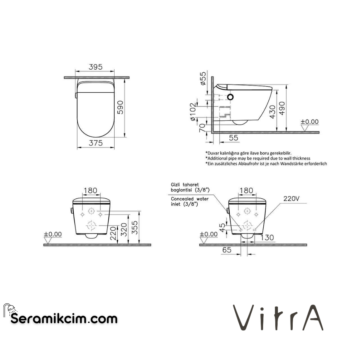 VitrA V-Care Ultra Akıllı Asma Klozet 60 cm Temassız, Taharet Borulu, Beyaz - 7234B003-6222