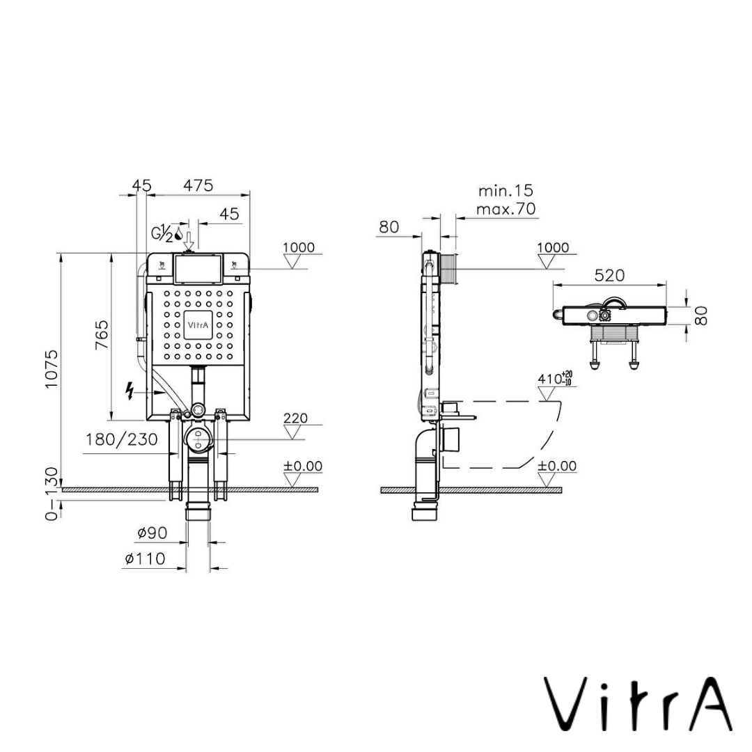 VitrA V8 Gömme Rezervuar (Asma Klozetler İçin Kalın Metal Ayaklı, 2/5lt)