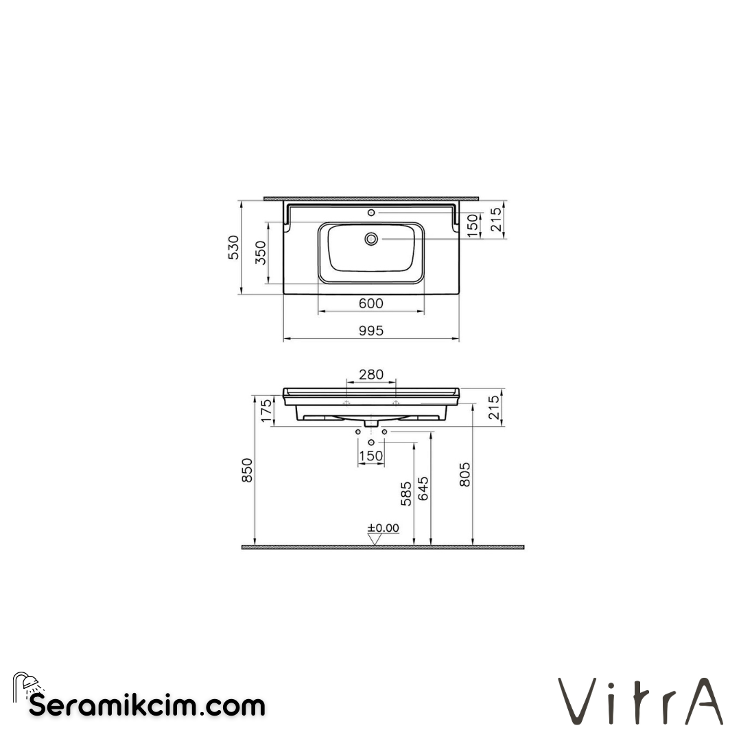 VitrA Valarte Etajerli Lavabo 100x53 cm Tek Armatür Delikli, Su Taşma Delikli, Beyaz - 7803B403-0001