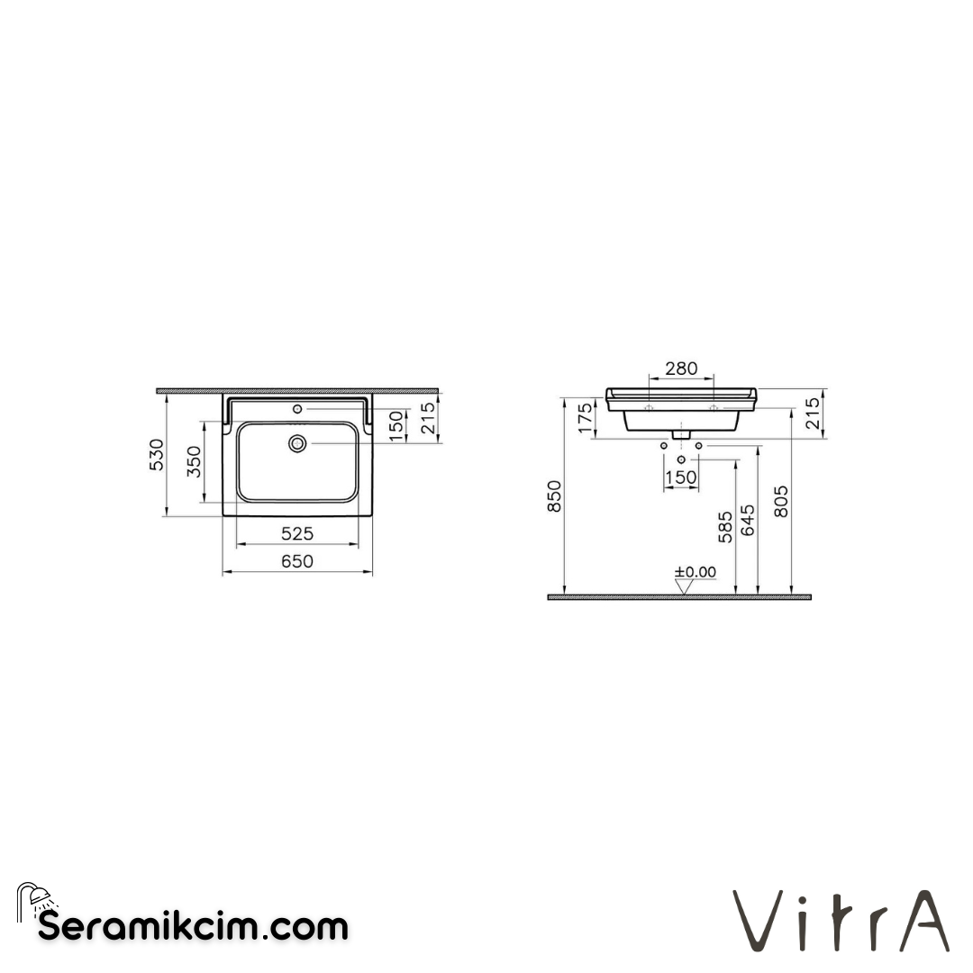 VitrA Valarte Etajerli Lavabo 65x53 cm Tek Armatür Delikli, Su Taşma Delikli, Beyaz - 7801B403-0001