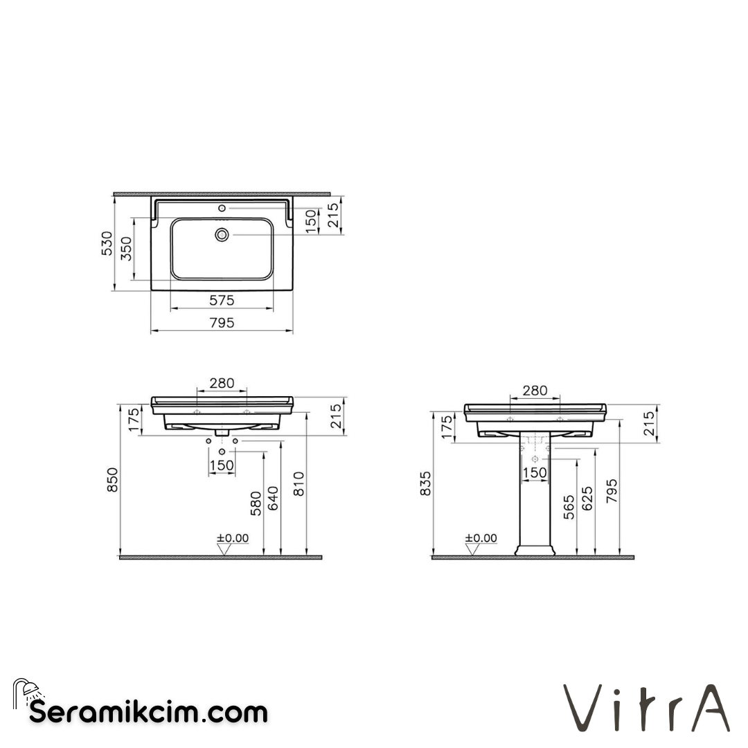 VitrA Valarte Etajerli Lavabo 80x53 cm Tek Armatür Delikli, Su Taşma Delikli, Beyaz - 7802B403-0001