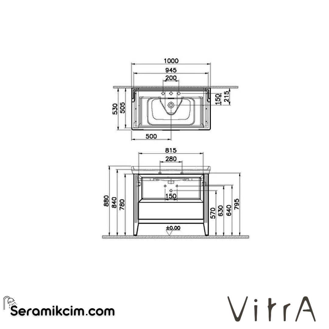 Vitra Valarte Lavabo Dolabı, 100 Cm, Çekmeceli, Etajerli Lavabolu, Üç Armatür Delikli, Krom Kulplu, Mat Fildişi - 62194