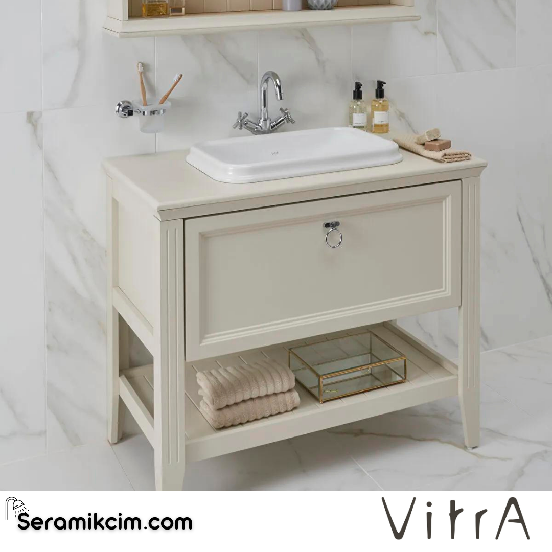 Vitra Valarte Lavabo Dolabı, 100 Cm, Çekmeceli, Tezgahüstü Lavabolu, Krom Kulplu, Mat Beyaz - 62198