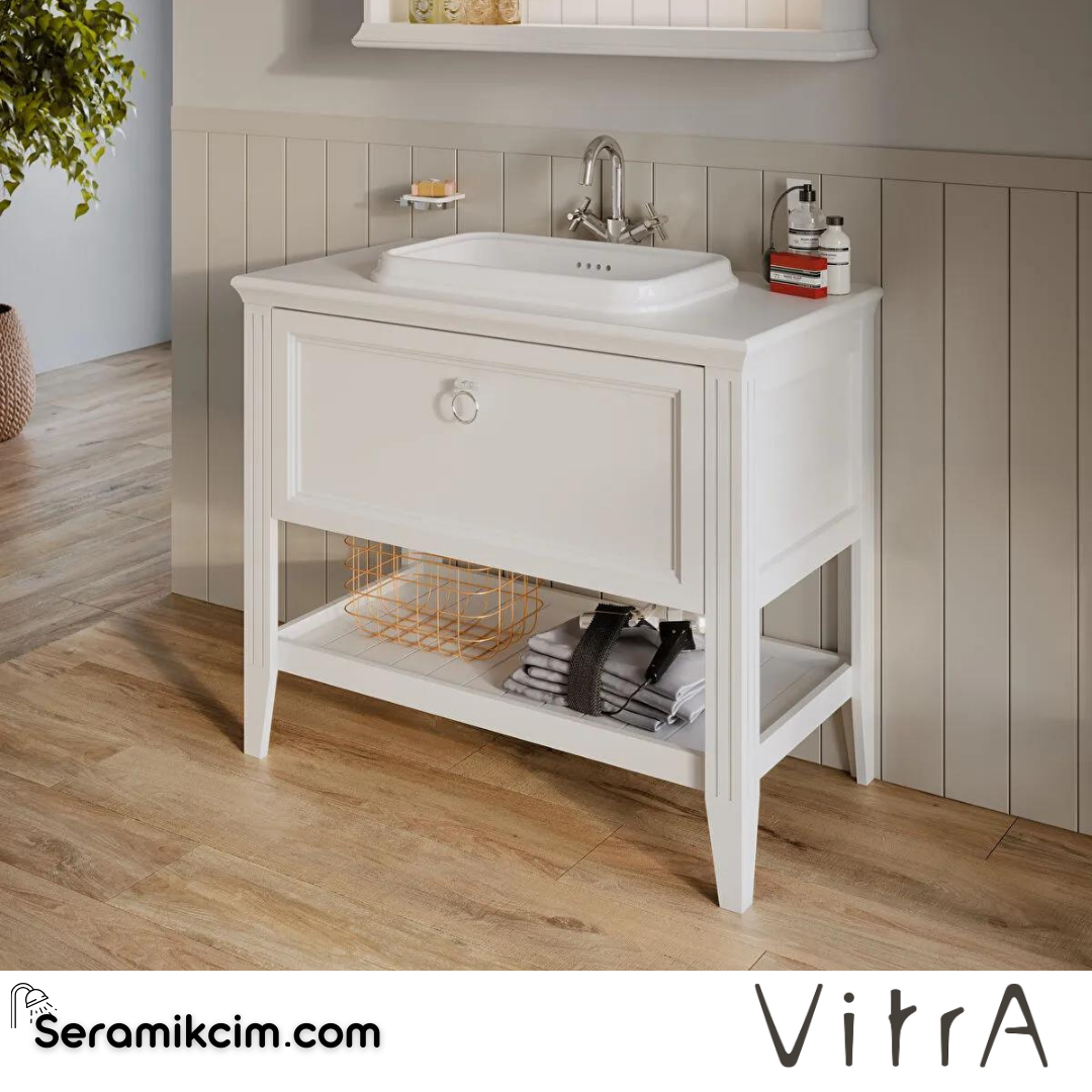 Vitra Valarte Lavabo Dolabı, 100 Cm, Çekmeceli, Tezgahüstü Lavabolu, Krom Kulplu, Mat Beyaz - 62198