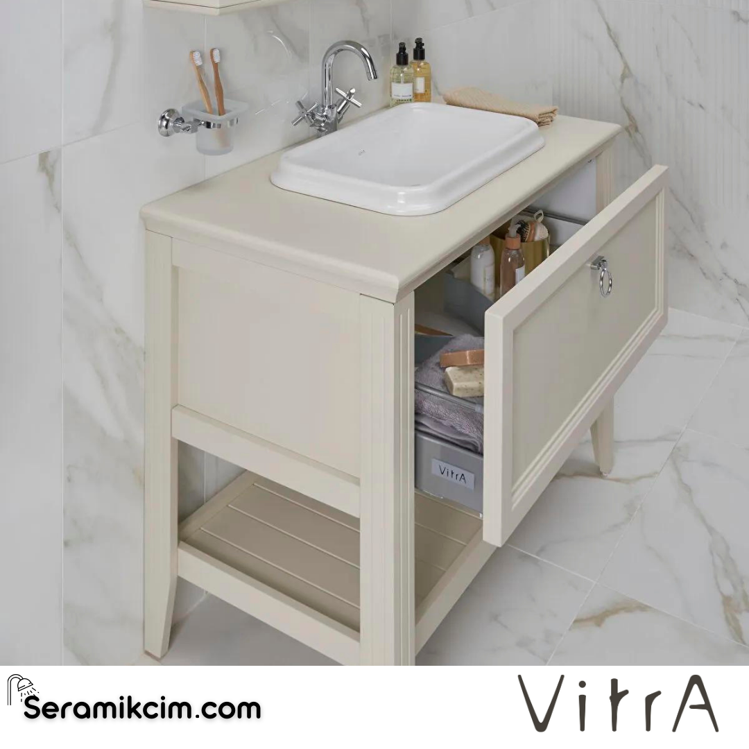 Vitra Valarte Lavabo Dolabı, 100 Cm, Çekmeceli, Tezgahüstü Lavabolu, Krom Kulplu, Mat Beyaz - 62198