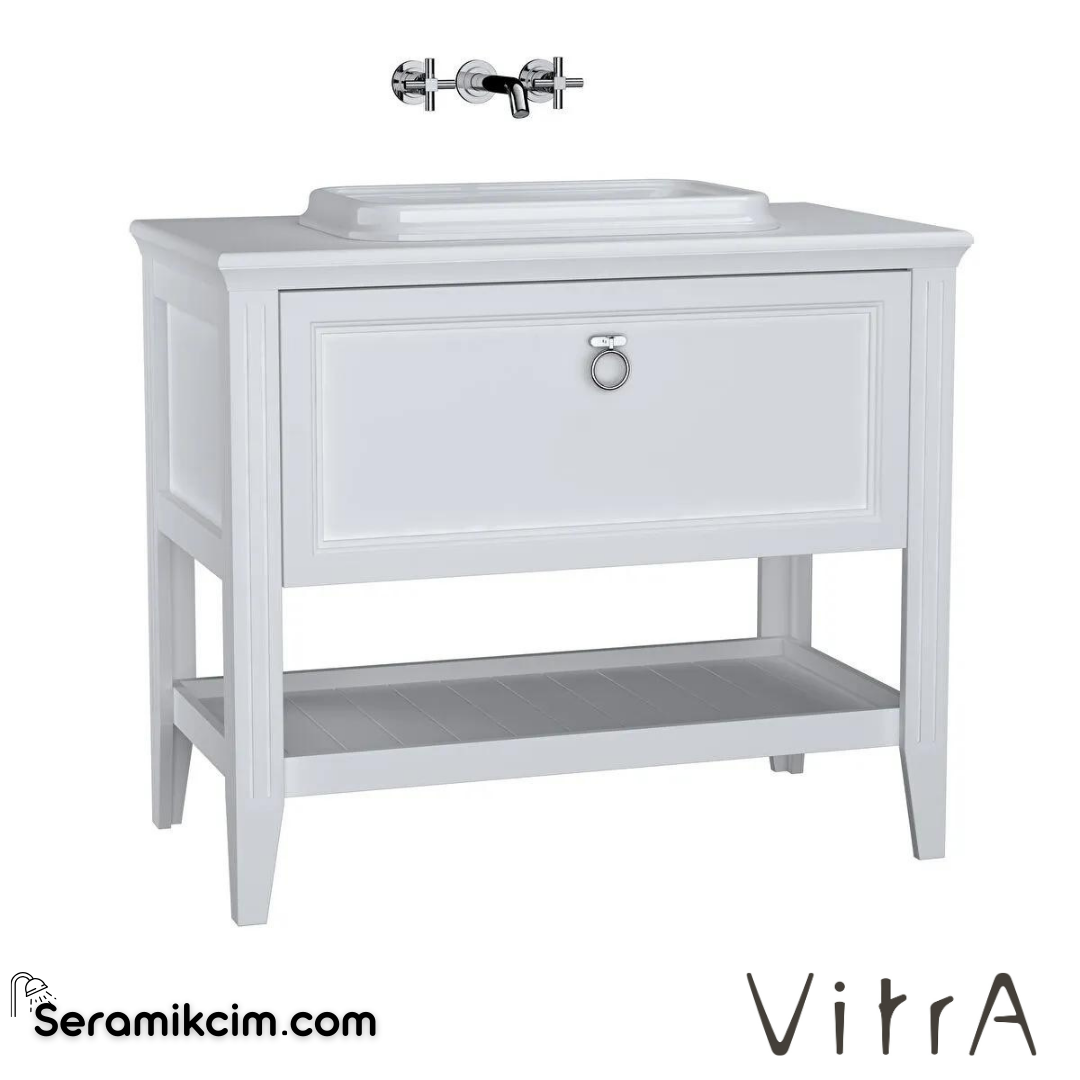 Vitra Valarte Lavabo Dolabı, 100 Cm, Çekmeceli, Tezgahüstü Lavabolu, Krom Kulplu, Mat Beyaz - 62198