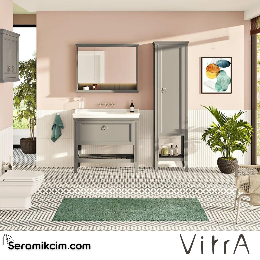Vitra Valarte Lavabo Dolabı, 100 Cm, Çekmeceli, Tezgahüstü Lavabolu, Krom Kulplu, Mat Gri - 62199