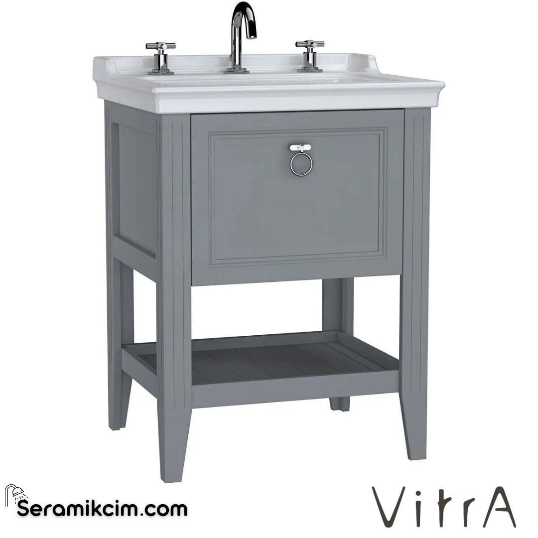 Vitra Valarte Lavabo Dolabı, 65 Cm, Çekmeceli, Etajerli Lavabolu, Üç Armatür Delikli, Krom Kulplu, Mat Gri - 62187