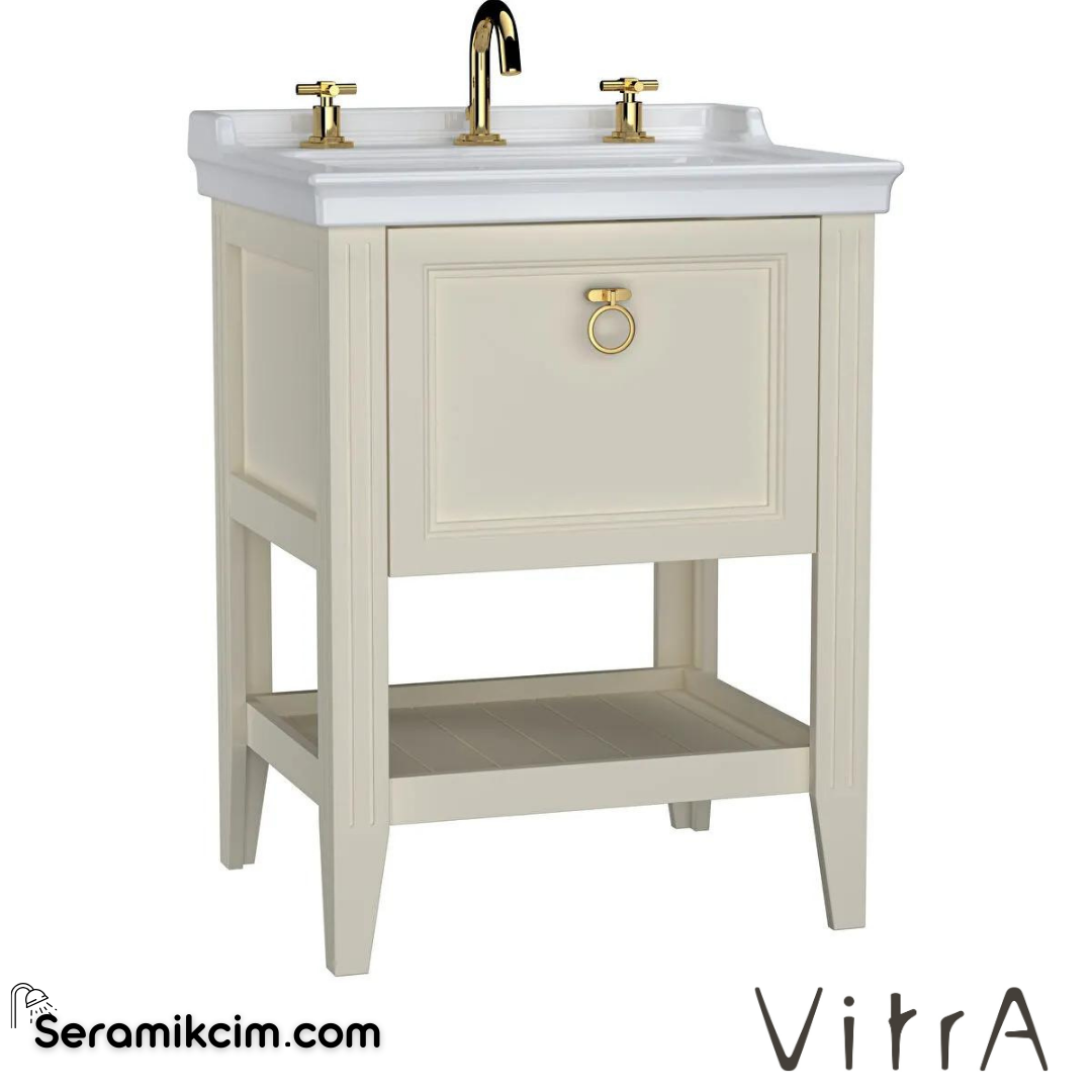 Vitra Valarte Lavabo Dolabı, 65 Cm, Çekmeceli, Etajerli Lavabolu, Üç Armatür Delikli, Krom Kulplu, Mat Fildişi - 62188