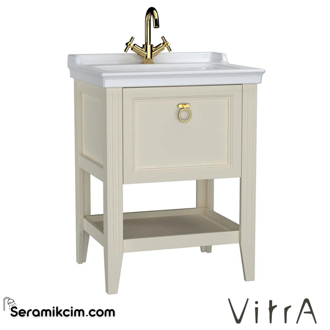 Vitra Valarte Lavabo Dolabı, 65 Cm, Çekmeceli, Etajerli Lavabolu, Tek Armatür Delikli, Krom Kulplu, Mat Fildişi - 62179
