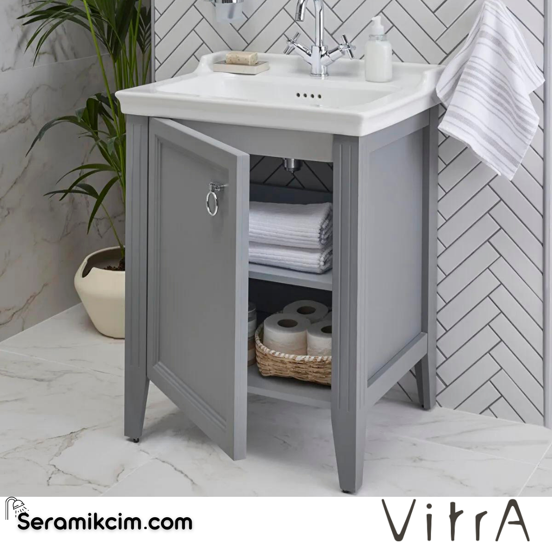 Vitra Valarte Lavabo Dolabı, 65 Cm, Kapaklı, Etajerli Lavabolu, Tek Armatür Delikli, Krom Kulplu, Mat Gri, Sol - 62151