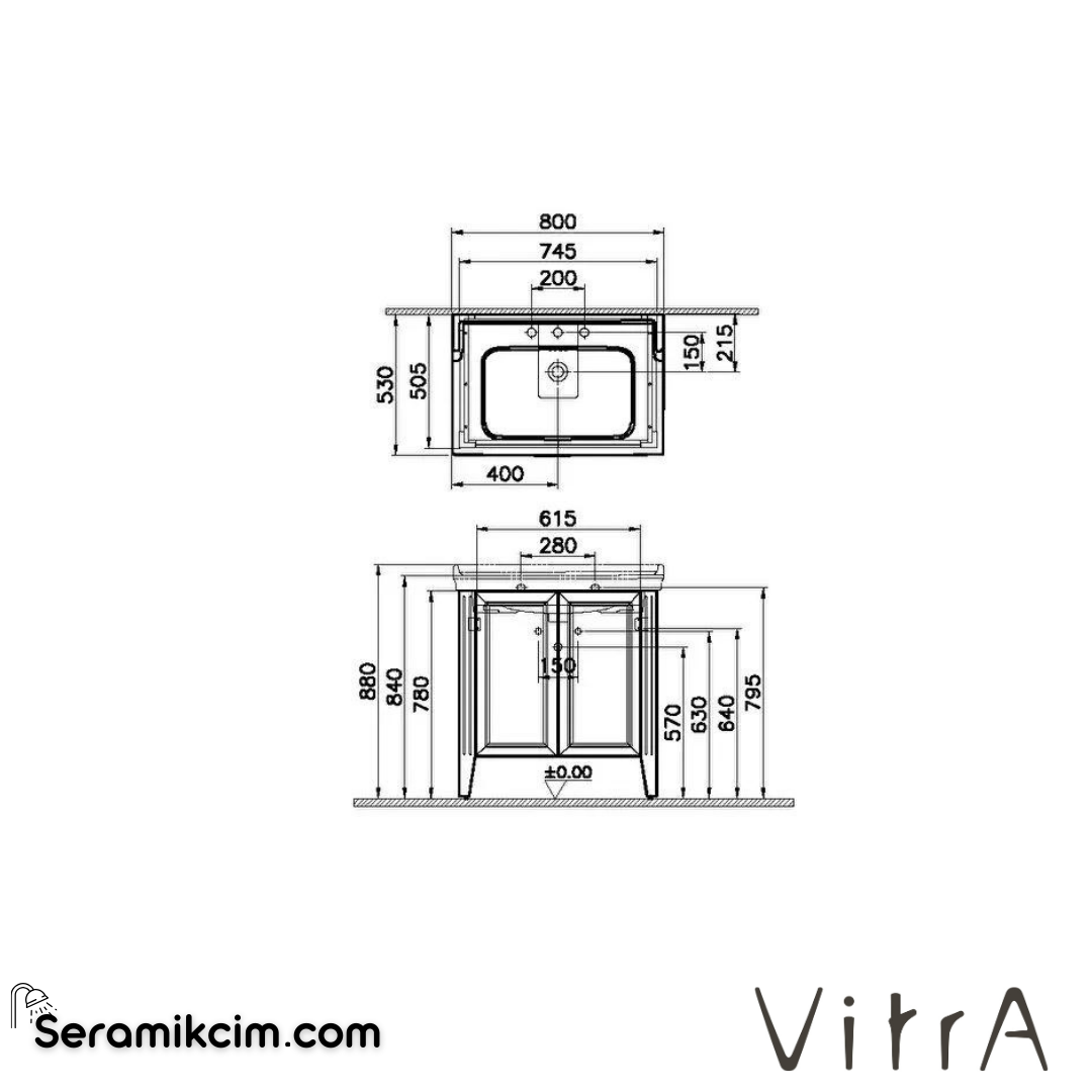 Vitra Valarte Lavabo Dolabı, 80 Cm, Kapaklı, Etajerli Lavabolu, Üç Armatür Delikli, Krom Kulplu, Mat Beyaz - 62162