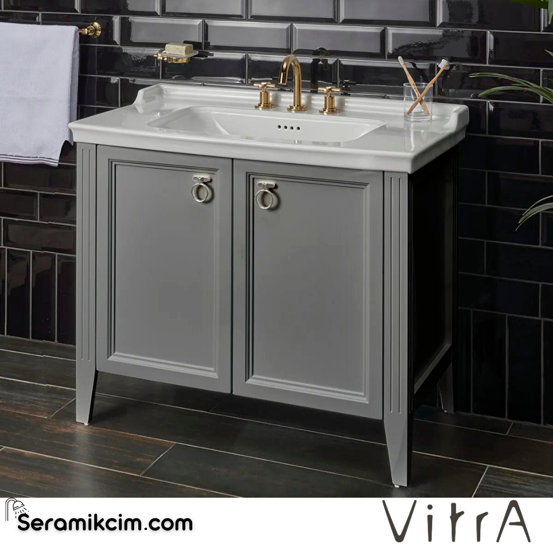 Vitra Valarte Lavabo Dolabı, 80 Cm, Kapaklı, Etajerli Lavabolu, Tek Armatür Delikli, Krom Kulplu, Mat Gri - 62154