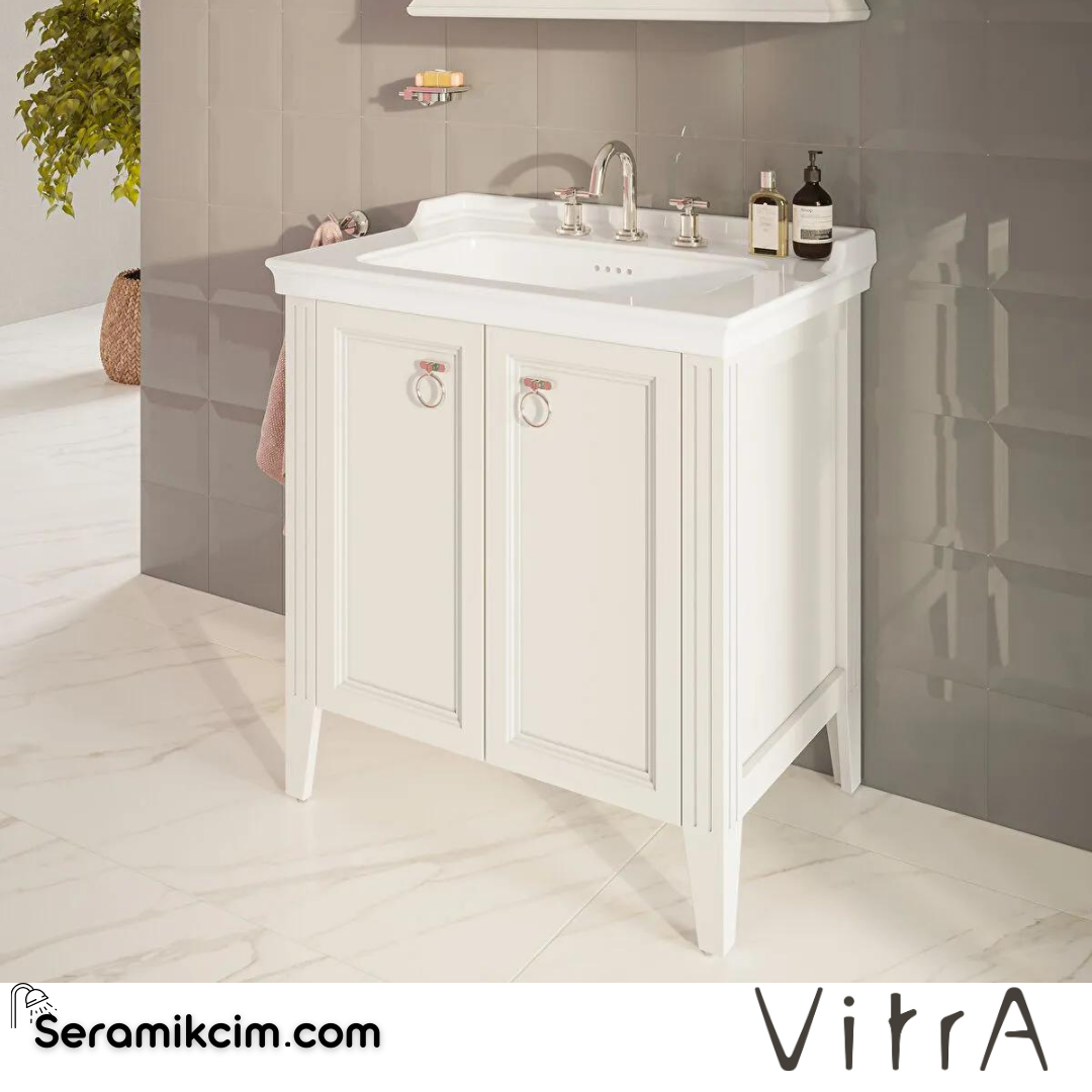 Vitra Valarte Lavabo Dolabı, 80 Cm, Kapaklı, Etajerli Lavabolu, Tek Armatür Delikli, Krom Kulplu, Mat Beyaz - 62153