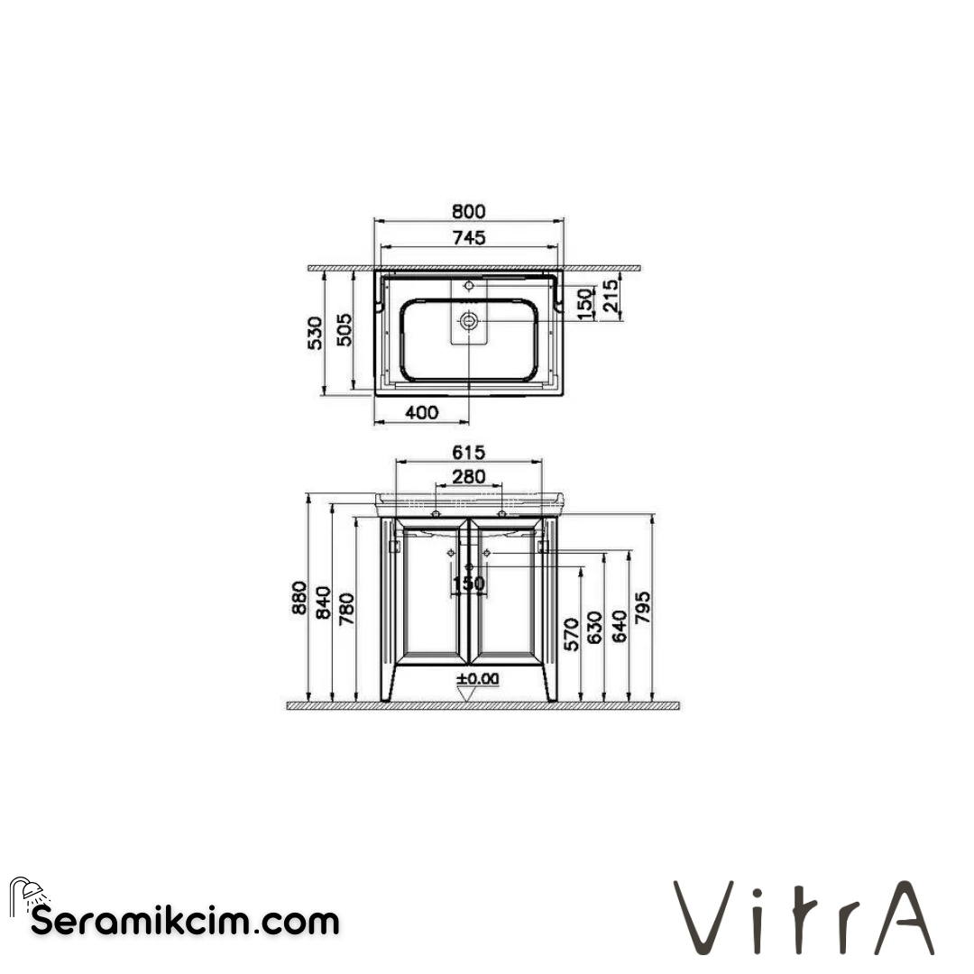 Vitra Valarte Lavabo Dolabı, 80 Cm, Kapaklı, Etajerli Lavabolu, Tek Armatür Delikli, Krom Kulplu, Mat Beyaz - 62153