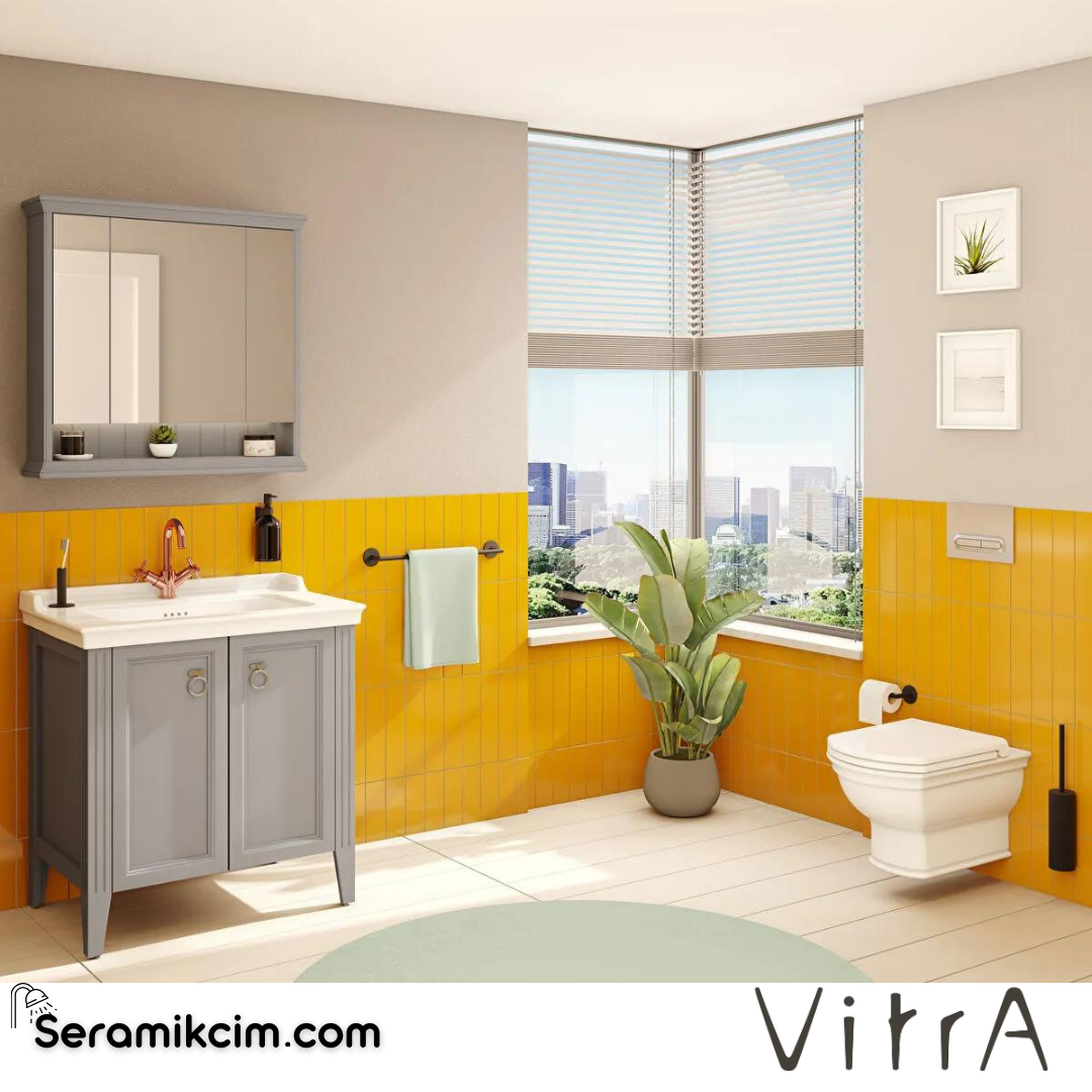 Vitra Valarte Lavabo Dolabı, 80 Cm, Kapaklı, Etajerli Lavabolu, Tek Armatür Delikli, Krom Kulplu, Mat Gri - 62154