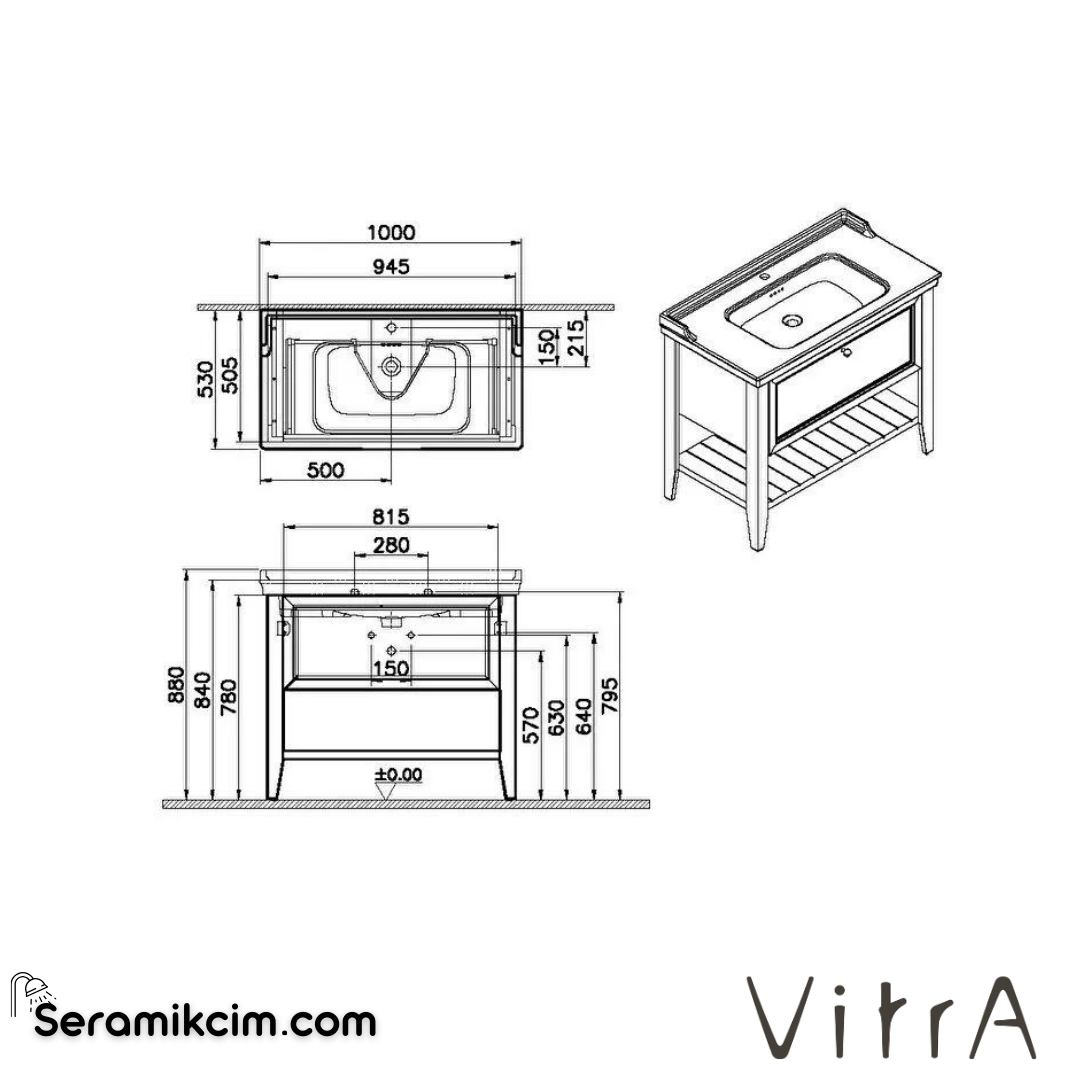 Vitra Valarte Neo Lavabo Dolabı, 100 Cm, Çekmeceli, Etajerli Lavabolu, Tek Armatür Delikli, Retro Yeşil - 65816