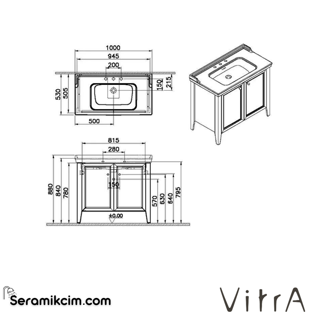 Vitra Valarte Neo Lavabo Dolabı, 100 Cm, Kapaklı, Etajerli Lavabolu, Üç Armatür Delikli, Retro Yeşil - 65837