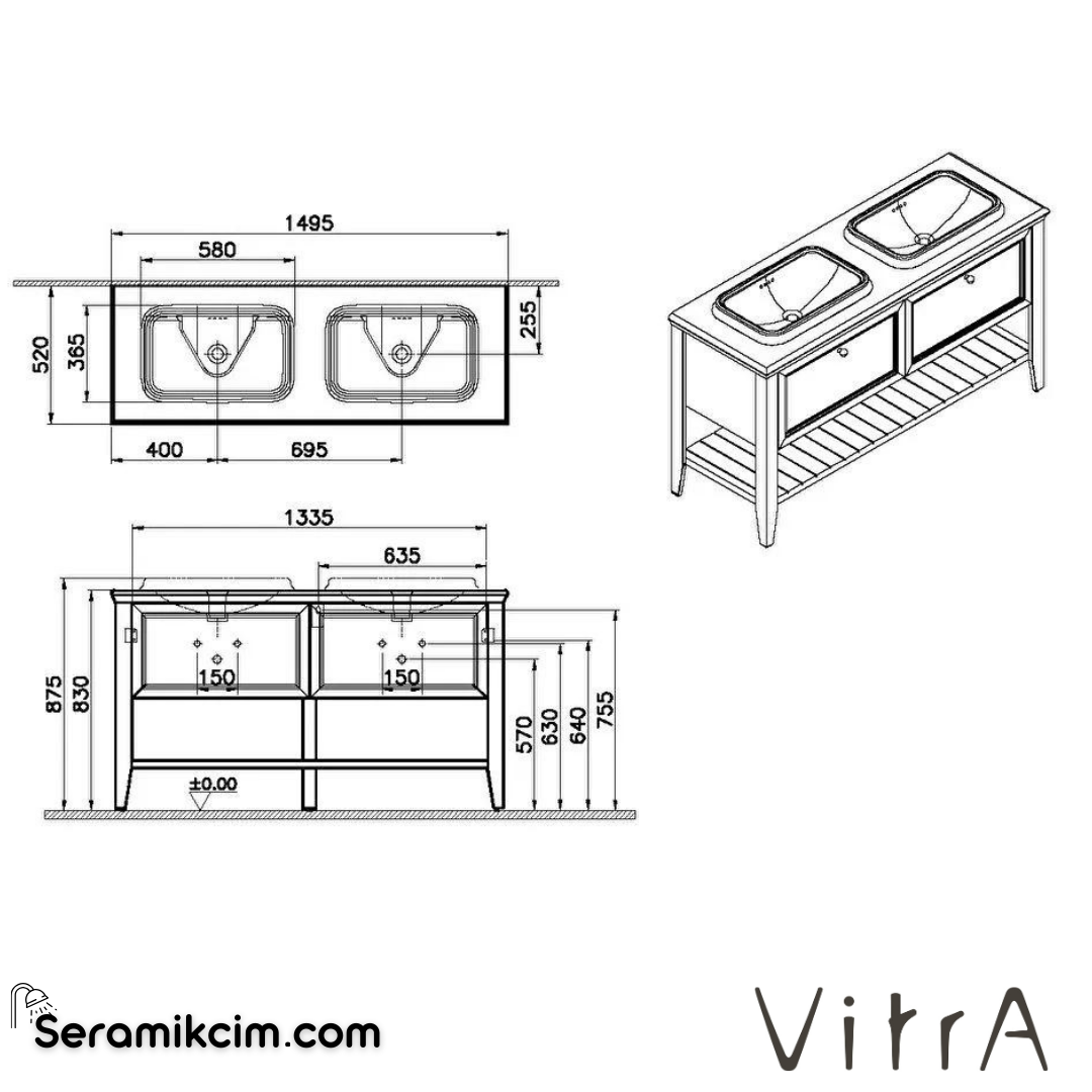 Vitra Valarte Neo Lavabo Dolabı, 150 Cm, Çift Çekmeceli, Tezgahüstü Lavabolu, Mermer Tezgahlı, Çelik Mavisi, Çift Lavabolu - 65786