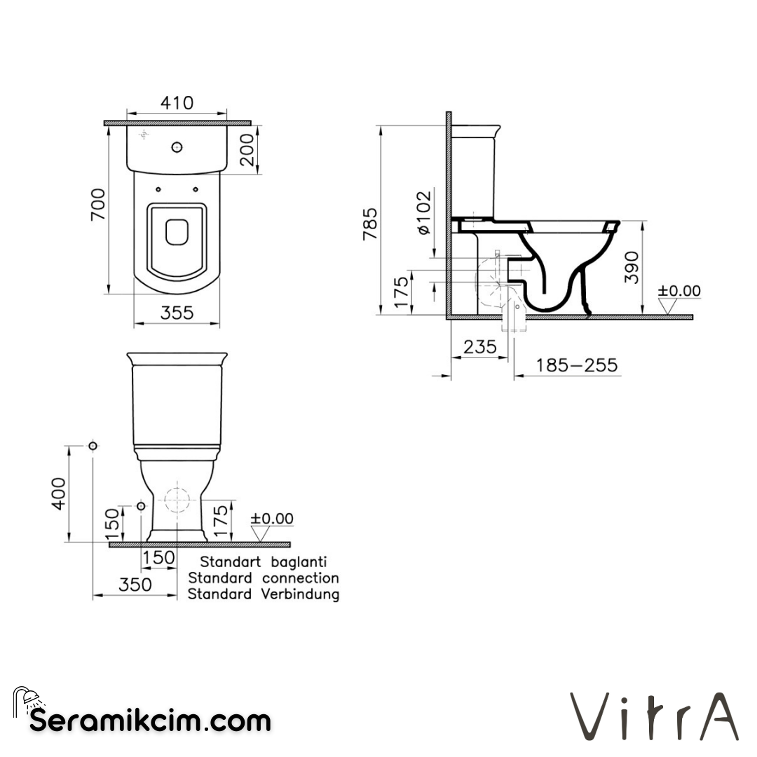 VitrA Valarte Takım Klozet Arkası Açık, 70 cm Taharet Borulu, Beyaz - 4160B403-0088