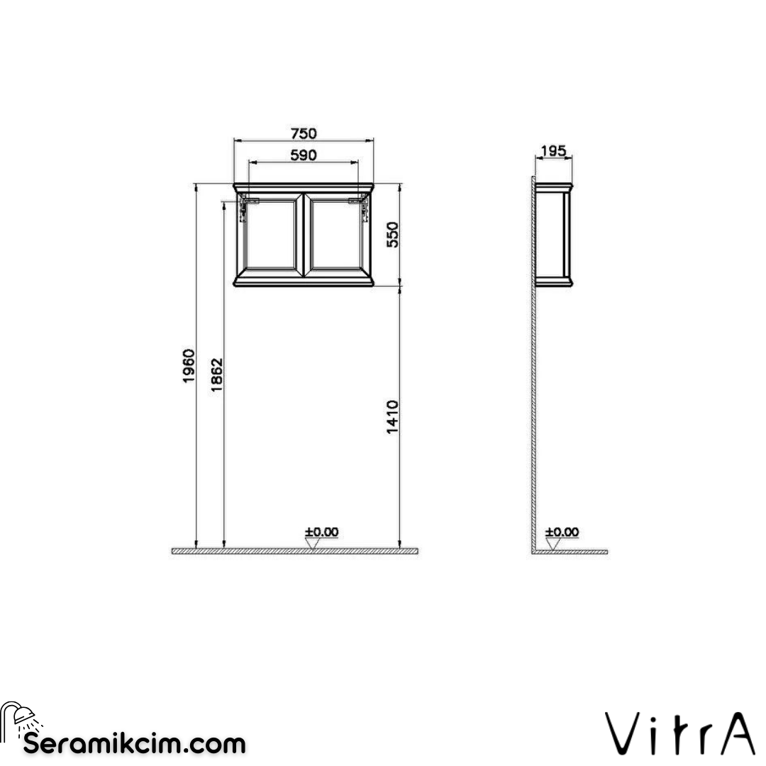 Vitra Valarte Üst Dolap, 75 Cm, Krom Kulplu, Mat Beyaz