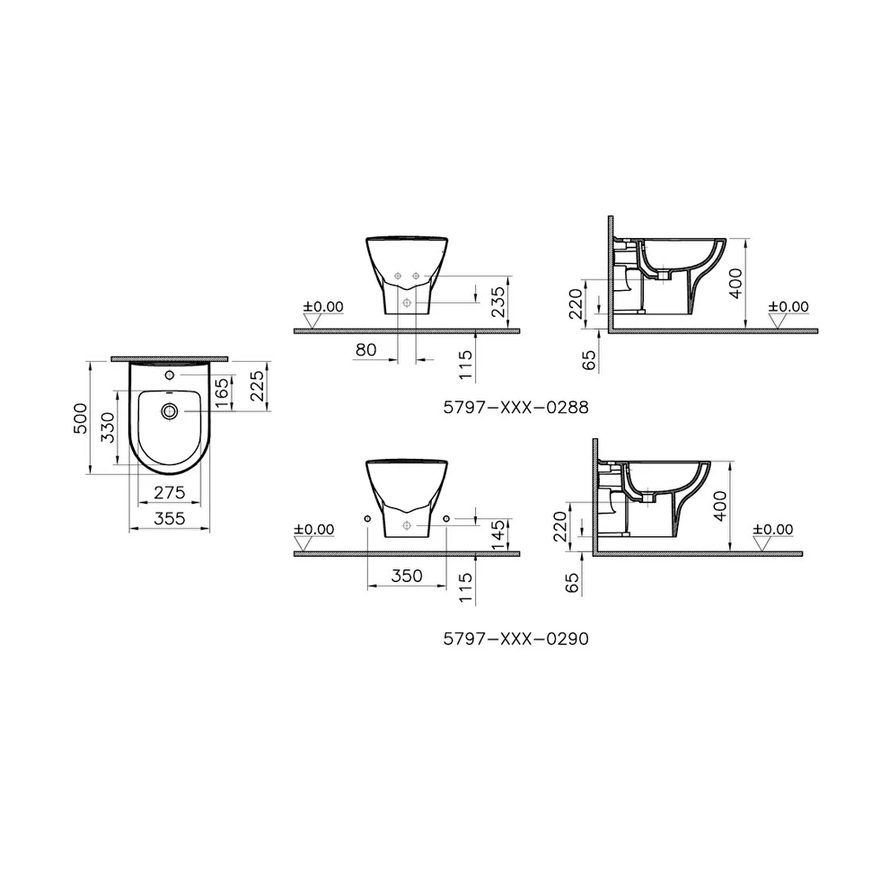VitrA Zentrum Asma Bide 50 cm Tek Armatür Delikli, Su Taşma Delikli, Yanlardan Deliksiz, Beyaz - 5797L003-0288