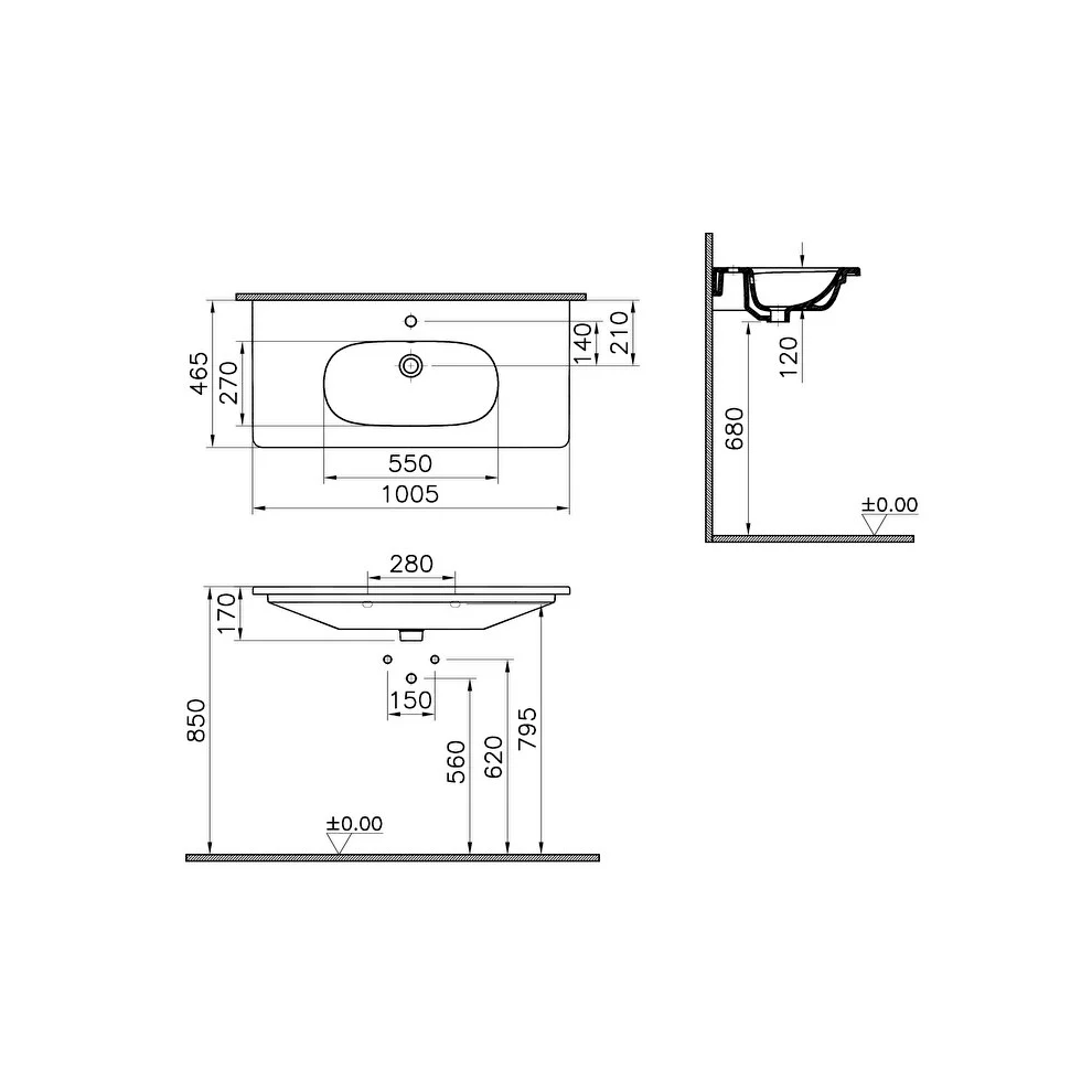 VitrA Zentrum Etajerli Lavabo 100x46 cm Tek Armatür Delikli, Su Taşma Delikli, Beyaz - 7794B003-0001