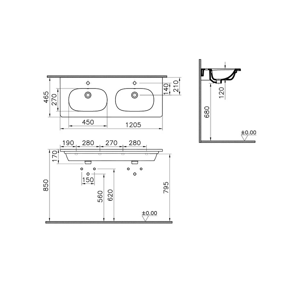 VitrA Zentrum Etajerli Lavabo 120x46 cm Çift Armatür Delikli, Su Taşma Delikli, Beyaz - 7795B003-0001