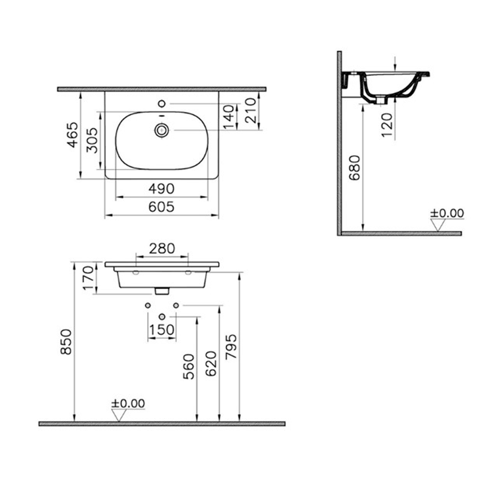 VitrA Zentrum Etajerli Lavabo 60x46 cm Tek Armatür Delikli, Su Taşma Delikli, Beyaz - 7791B003-0001