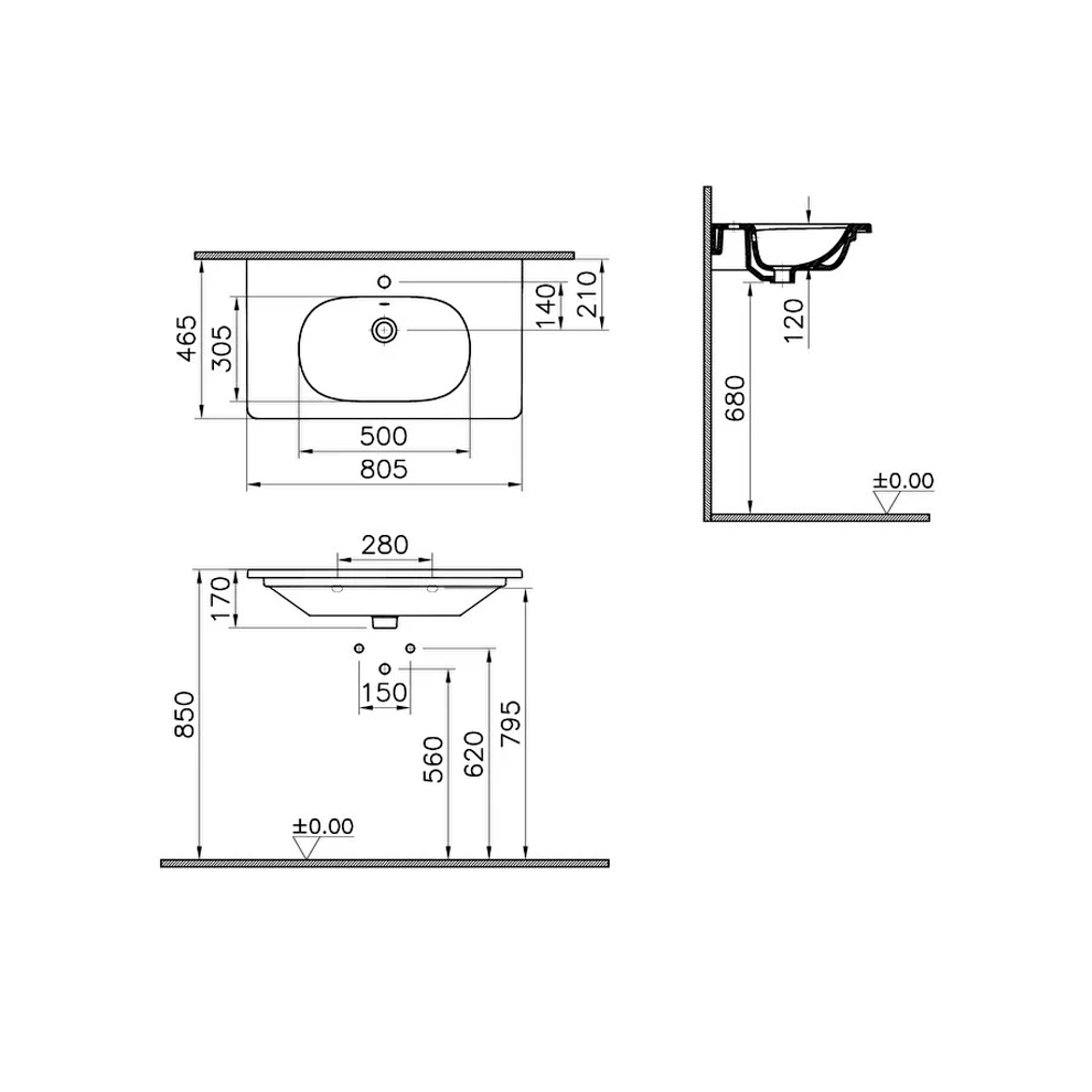 VitrA Zentrum Etajerli Lavabo 80x46 cm Tek Armatür Delikli, Su Taşma Delikli, Beyaz - 7793B003-0001