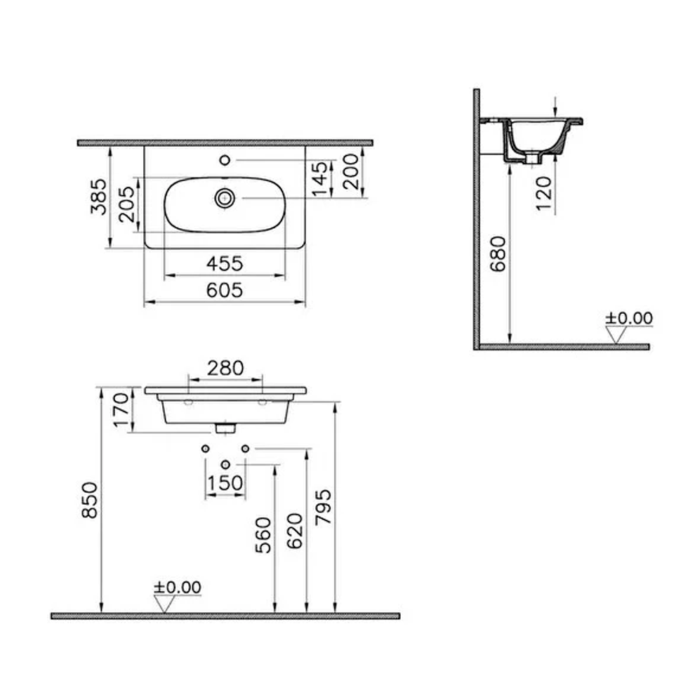 VitrA Zentrum Etajerli Lavabo Kompakt, 60x38 cm Tek Armatür Delikli, Su Taşma Delikli, Beyaz - 7790B003-0001