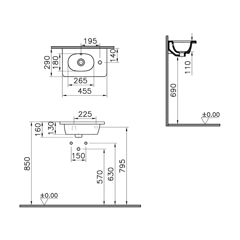 VitrA Zentrum Etajerli Lavabo Kompakt, 45x28 cm Sağdan Tek Armatür Delikli, Su Taşma Delikli, Beyaz - 7789B003-0029