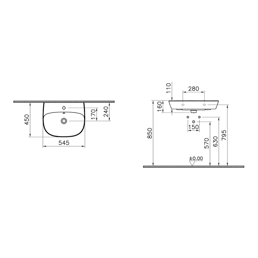 VitrA Zentrum Lavabo 55x45 cm Tek Armatür Delikli, Su Taşma Delikli, Beyaz - 7277L003-0001